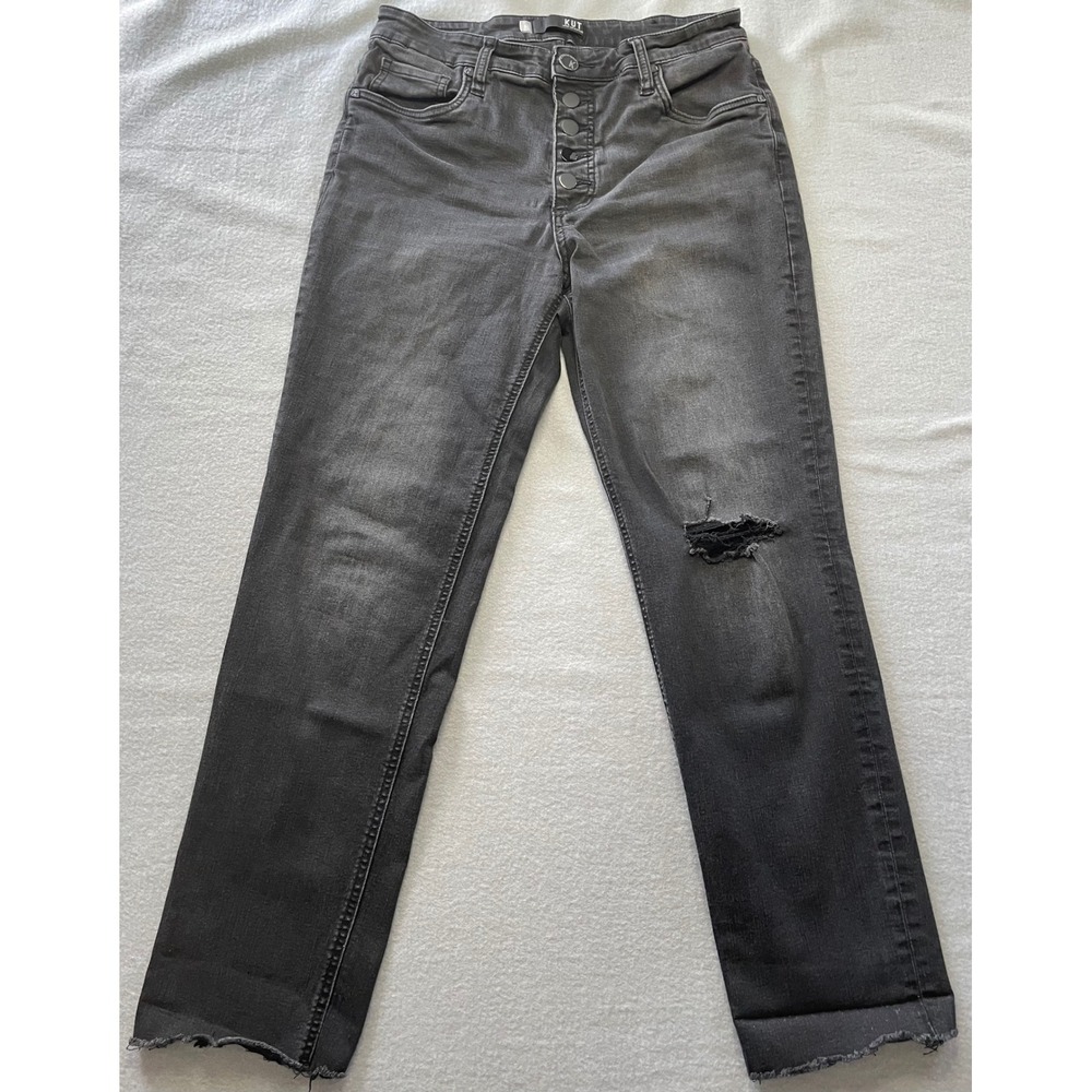 KUT from the Kloth Button Fly Distressed Straight Leg Jeans Black‎ Size 8